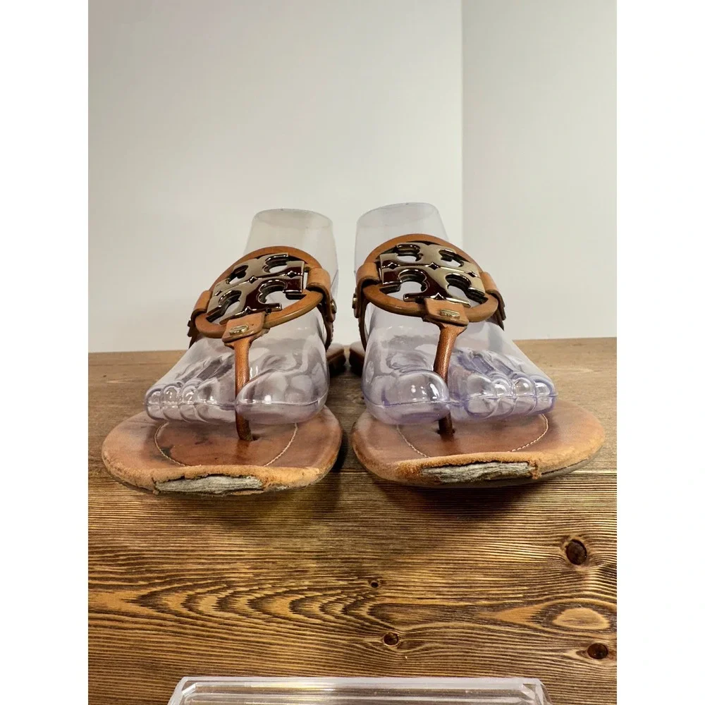 Tory Burch Mini Miller Sandals Women SZ 8 Brown Gold Logo Flip Flop Resort Boho